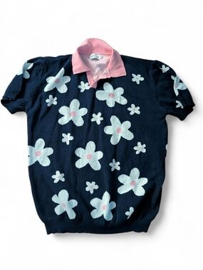 Men's Navy Floral Retro Polo Top with Pink Collar